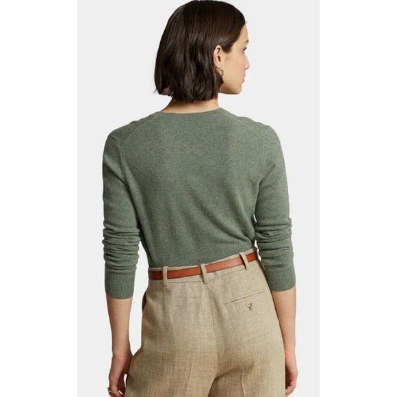 Polo Ralph Lauren Sz M Green/Gray Cropped Crewneck Cardigan Cashmere Sweater - Picture 12 of 13